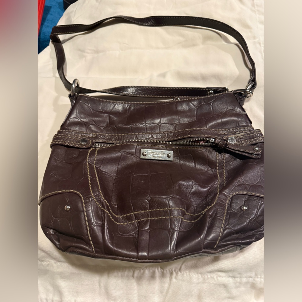 TIGNANELLO Brown Croc Embossed Leather Tote Handbag Shoulder Bag Lined Pockets